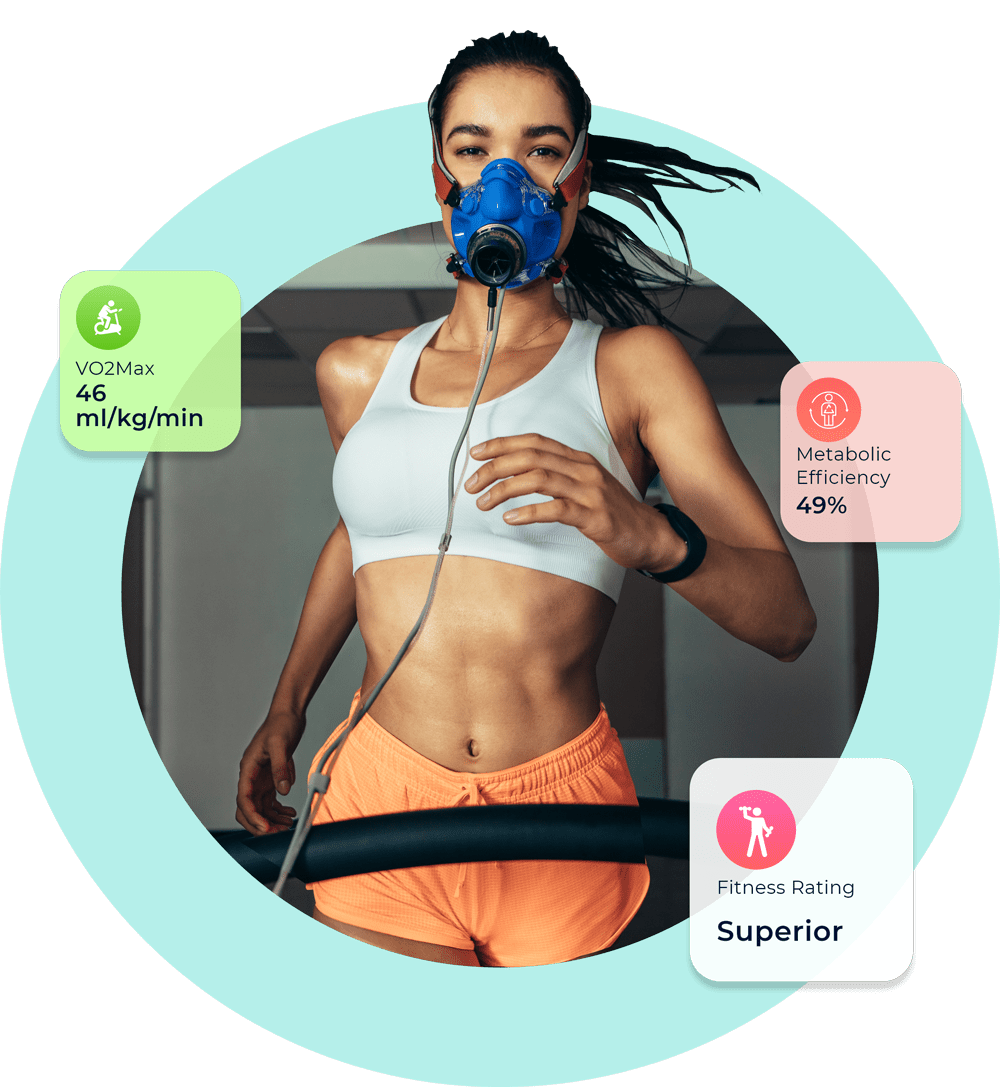 An athletic woman undergoing Vo2 Max Testing with accompanying vital metrics