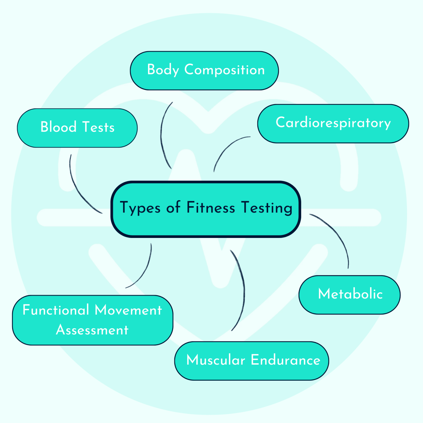 The image is an infographic entitled 'Types of Fitness Tests', with this text displayed in a central oval on a teal background. Six types of fitness test are displayed in ovals around the central category: Blood tests; Body Composition; Cardiorespiratory; Metabolic; Muscular Endurance; Functional Movement Assessment. 