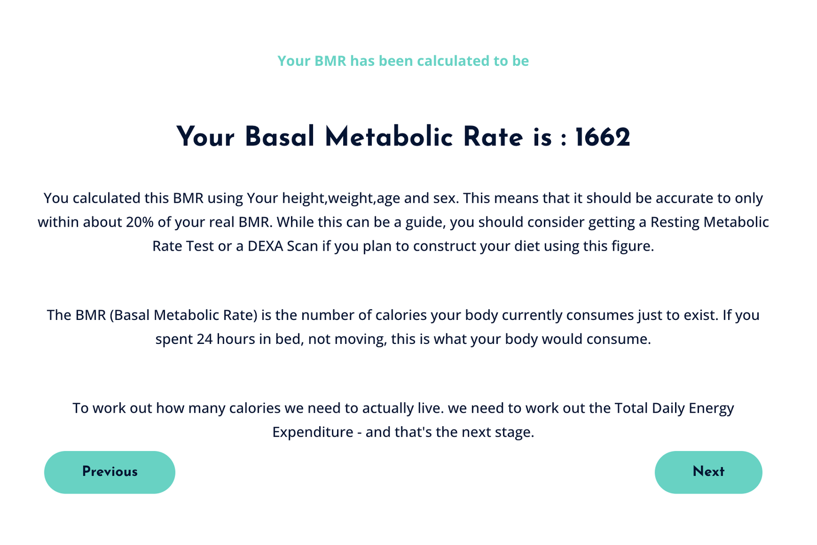 A screenshot of the MVM BMR calculator reads "Your Basal Metabolic Rate is: 1662". Further text described the accuracy of the figure and how to get a more accurate BMR figure. 
