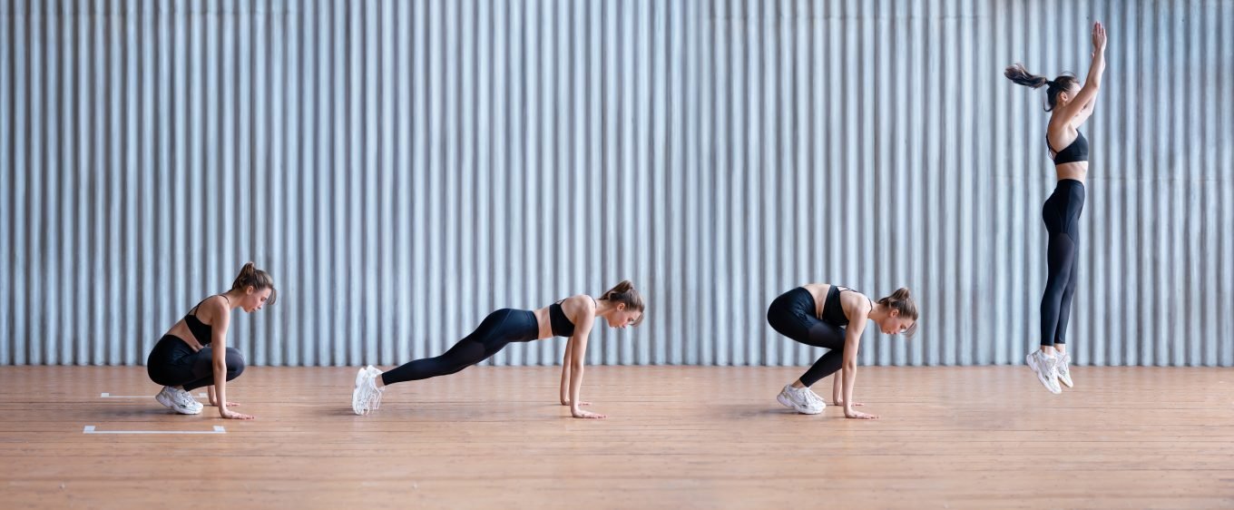 A woman performs each step of a burpee: crouched, holding a plank position, preparing to stand, and jumping. 