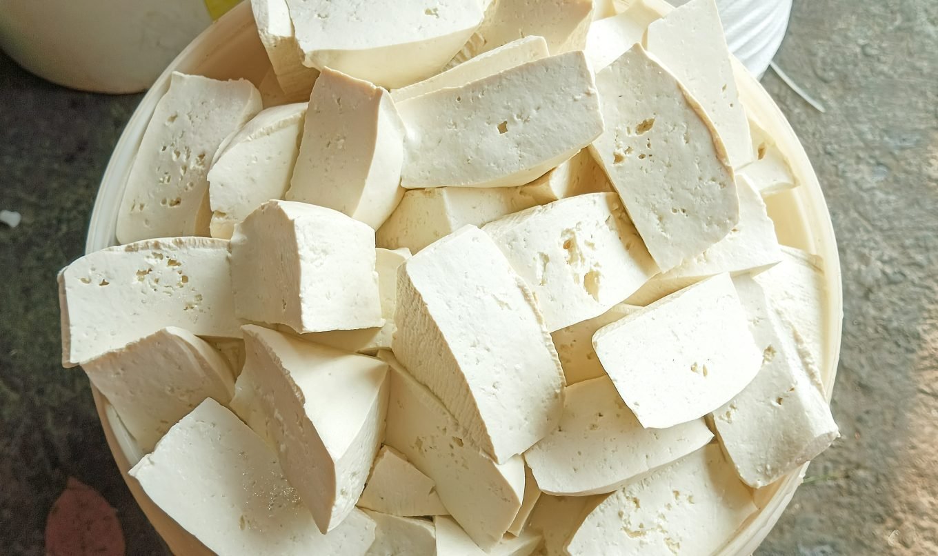 White cubes of tofu sit heaped in a small bowl. 